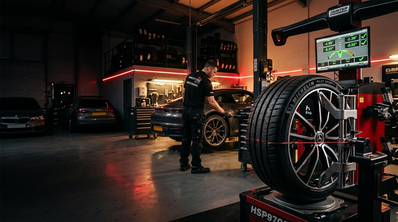 Modern tyre service workshop with laser alignment system